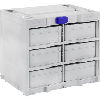 Grijze modulaire ladenkast met zes laden en een blauwe vergrendelingslip bovenaan in het midden.