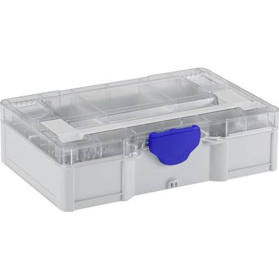 Een kleine, grijze kunststof opbergdoos met een transparante deksel en een blauwe sluiting, geschikt voor gereedschappen of kleine onderdelen.