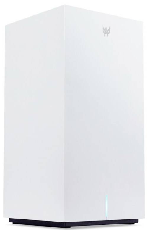 Een witte, rechthoekige router met blauw licht aan de onderste rand, staand op een zwarte voet.