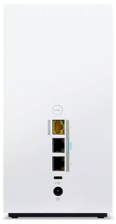 Achterkant van een witte router met drie LAN-poorten en één WAN-poort, een stroomaansluiting en een knop.