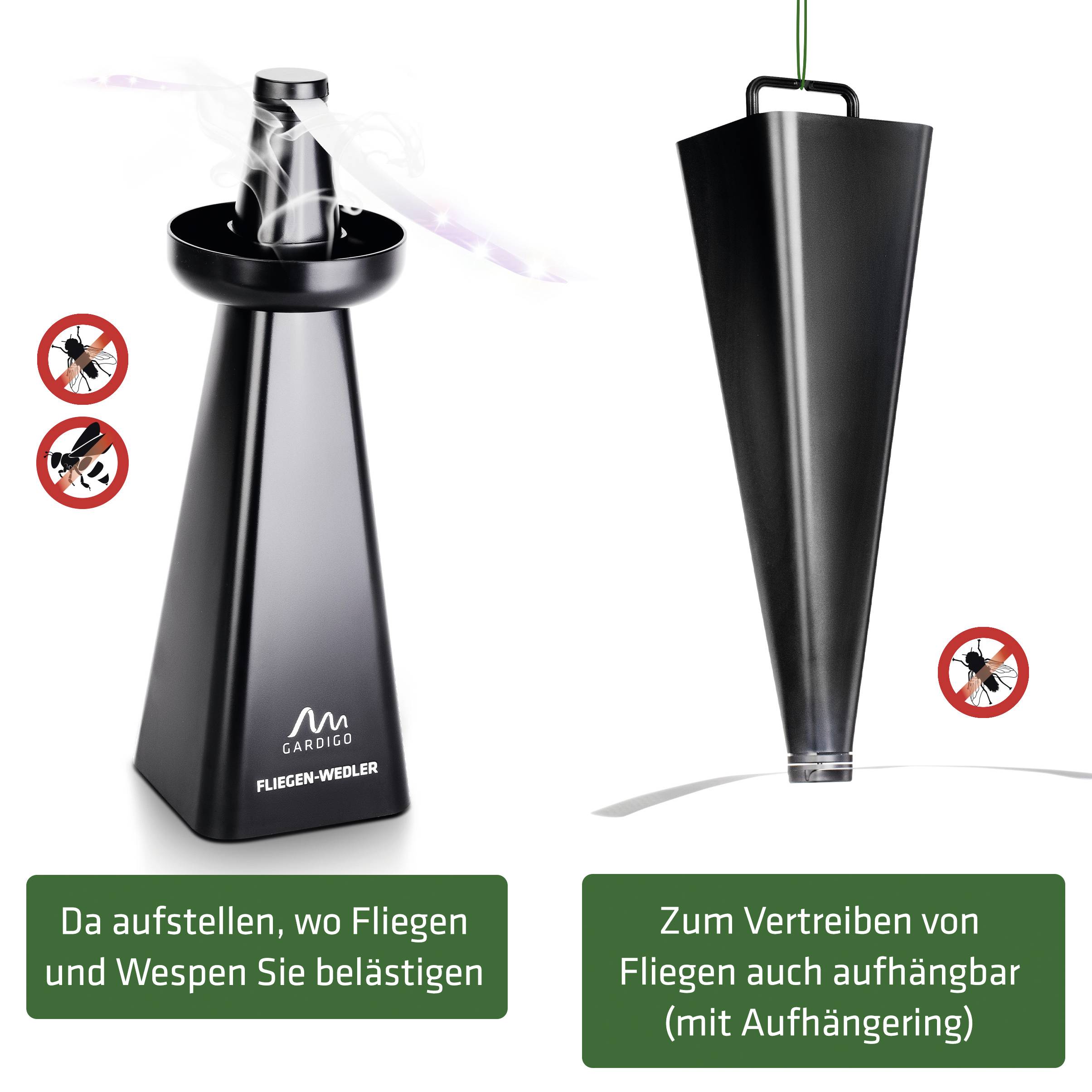 Twee apparaten voor vliegenbestrijding: links een kegelvormig, zwart apparaat, rechts een hangend, trechtervorming afweermiddel.
