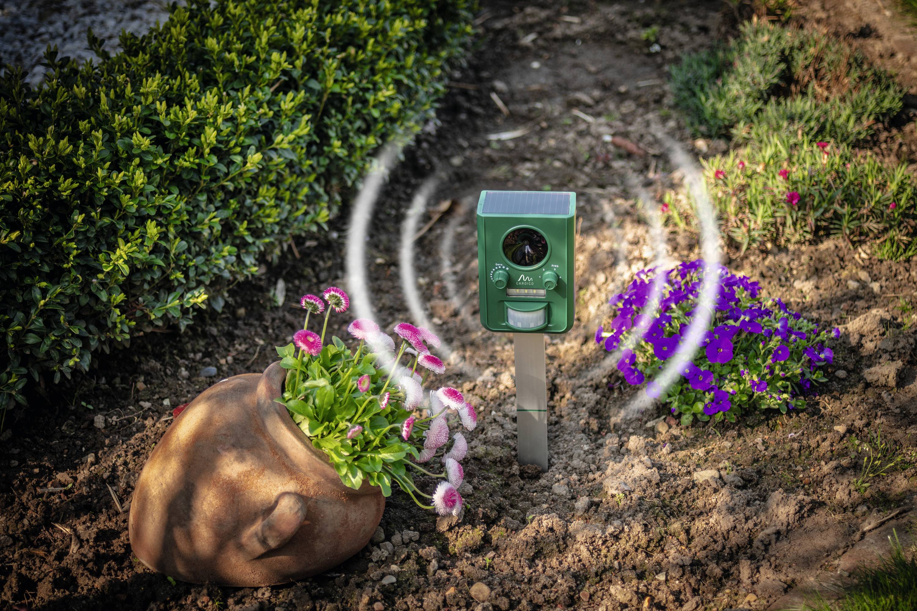 Een groene ultrasone dierafweerapparaat in de tuin, omringd door bloemen. Apparaat zendt geluidsgolven uit om dieren af te schrikken.