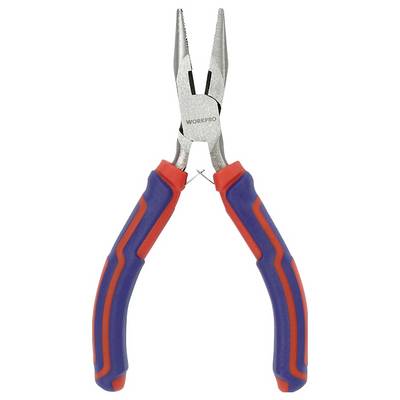 Zilveren puntbektang met blauwe en rode handgrepen, gemerkt met 'WORKPRO'. Geschikt voor nauwkeurige werkzaamheden en het vastgrijpen van kleine objecten.