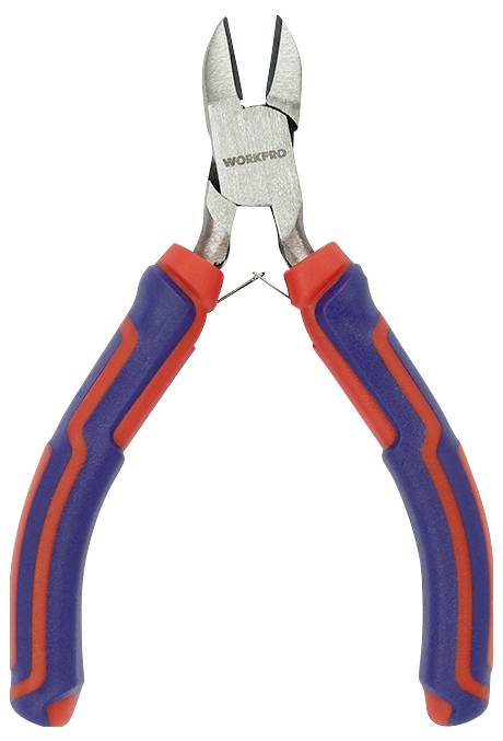 Een zijkniptang met een rood en blauw handvat, geschikt voor het knippen van draden of kabels.