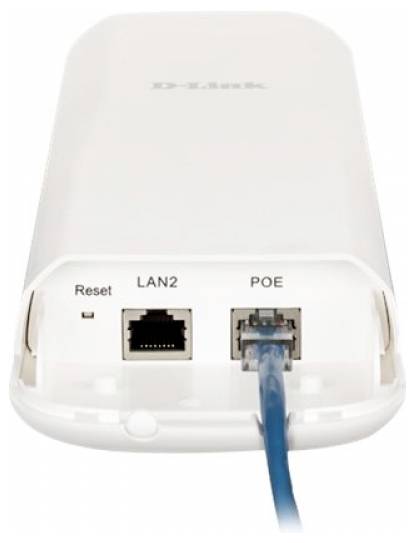 Een router met twee poorten: 'LAN2' en 'POE'. Een blauw kabel is aangesloten op de 'POE'-poort. Links bevindt zich een Reset-knop.