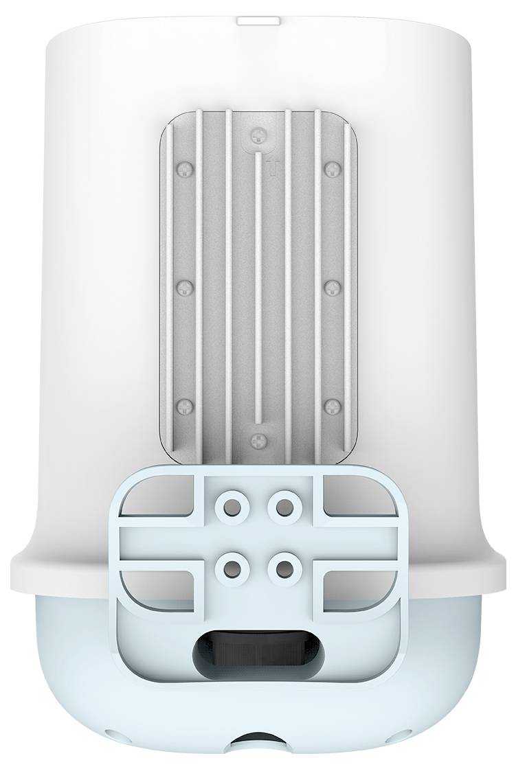 Een witte, cilindrische container met een blauwe basis en een zilveren, verticaal geprofileerd inzetstuk. Geschikt voor huishoudelijke apparaten.