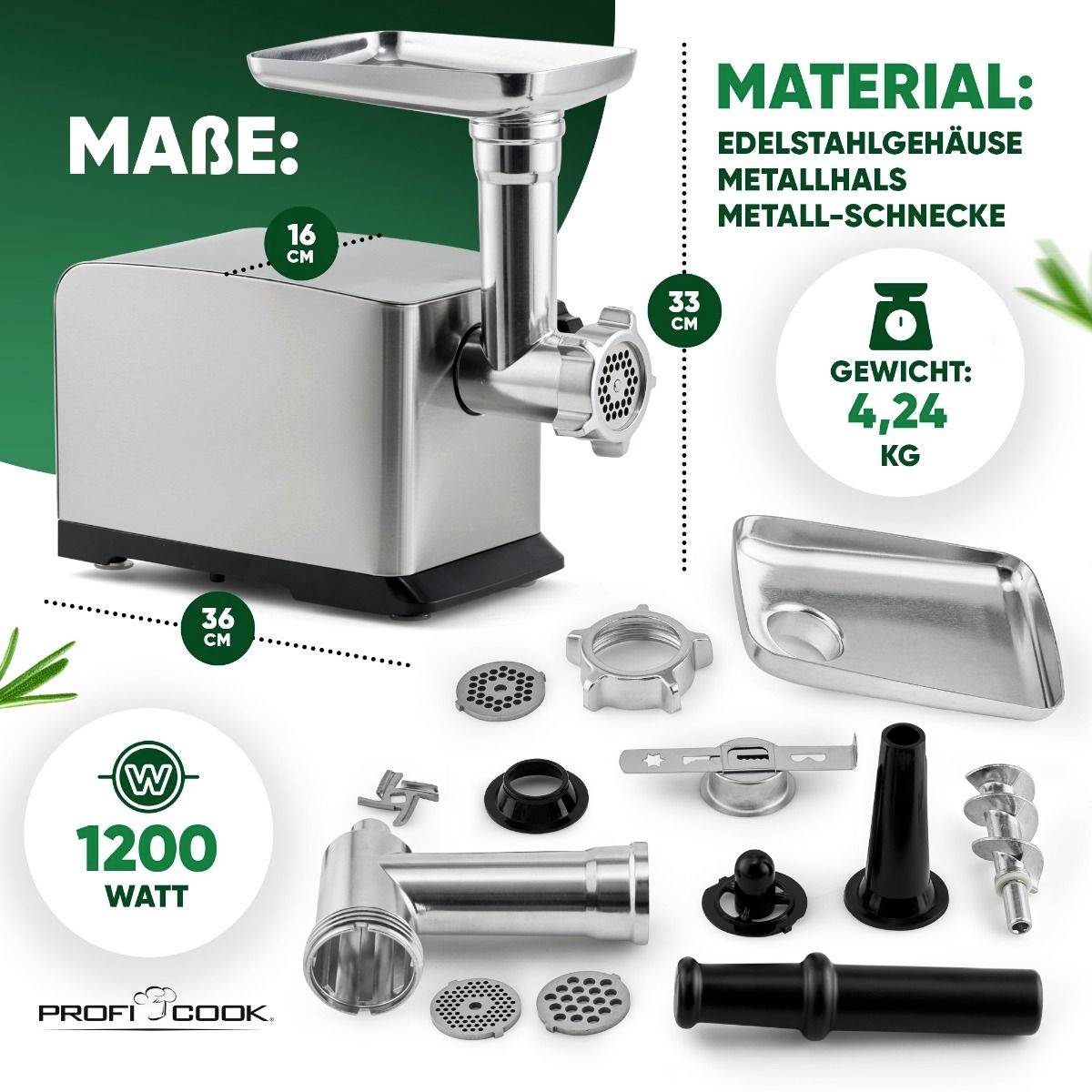 'ProfiCook' Vleesmolen met roestvrij stalen behuizing. Afmetingen: 33x16x36 cm. Gewicht: 4,24 kg. Vermogen: 1200 Watt. Inclusief toebehoren.