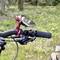 Close-up van een fietsstuur in het bos met een gemonteerde smartphonehouder. Op de achtergrond zijn bomen en gras zichtbaar.