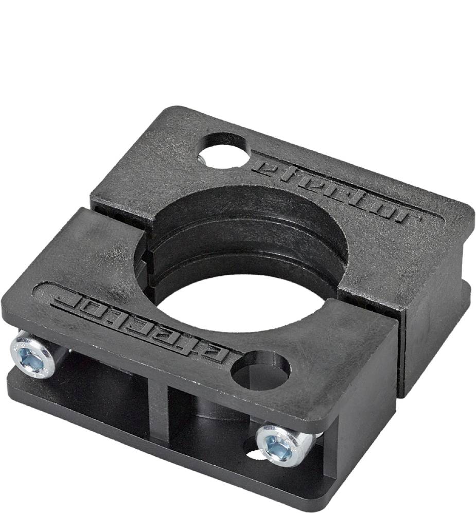 Zwarte kunststof houder met twee schroeven, vierkante vorm, centrale ronde opening, ingedrukte tekst 'clapet' bovenaan.