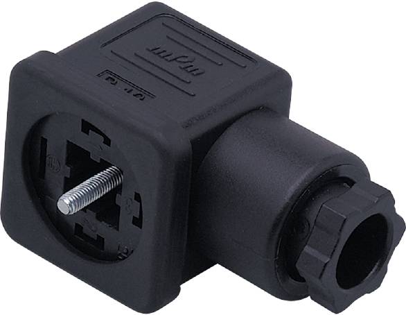 Een zwarte elektrische steekeradapter met zichtbare contacten, geschikt voor industriële of elektronische toepassingen.