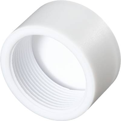 Een witte, cilindrische plastic dop met geribde binnendraad, kenmerkend voor flessendeksels.