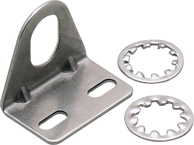Een zilveren metalen hoeksteun met twee kleine ronde borgringen ernaast, toont een bevestigingsbeugel.
