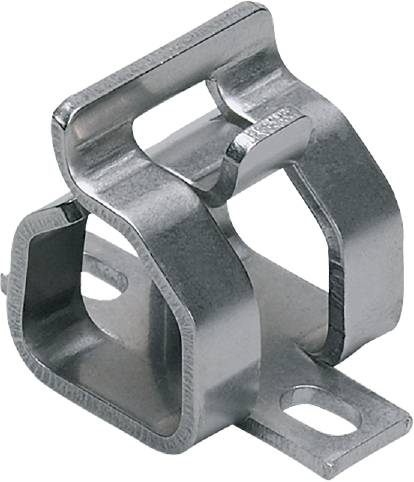 Metalen klem met twee openingen, gebruikt voor het bij elkaar houden van kabels of buizen.