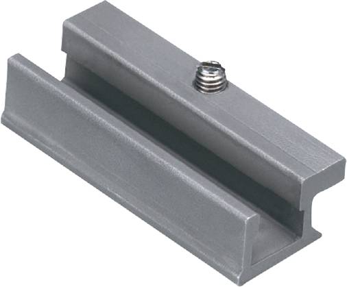 Aluminiumprofiel met gemonteerde schroef; zijaanzicht toont rechthoekige vorm en bruikbare opening, geschikt voor bevestigingen.