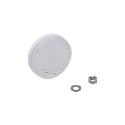 Rond, transparant plastic onderdeel naast een moer en een sluitring op een zwarte achtergrond.