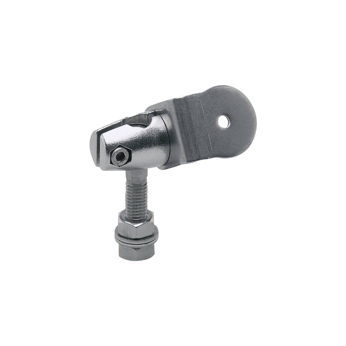 Metalen hardware-onderdeel met gewrichtsarm en schroefbevestiging, weergegeven tegen een zwarte achtergrond.