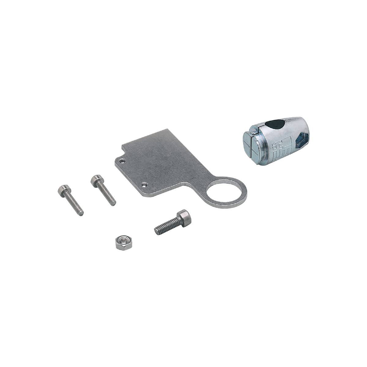 Metalen bevestigingsset met bouten en moeren op een zwarte achtergrond, inclusief een cilindrische afdichtingscomponent.