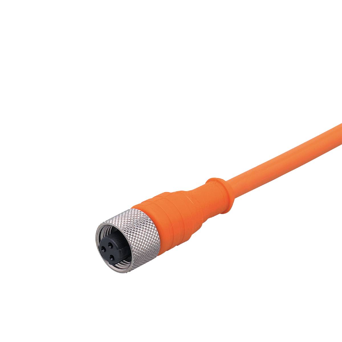 Oranje M12-aansluitkabel met grijze schroefverbinding, voornamelijk gebruikt voor industriële toepassingen.