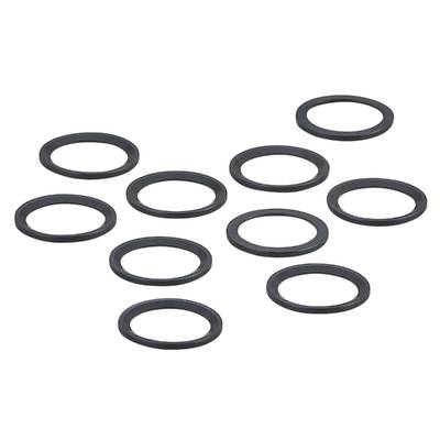 Tien grijze O-ringen van rubber op een zwarte achtergrond, symmetrisch gerangschikt.