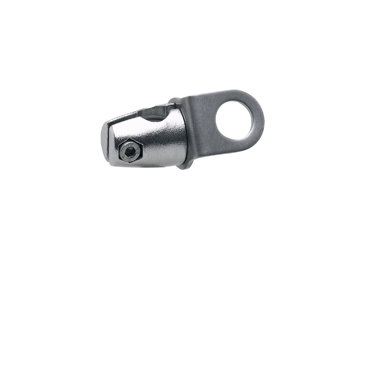 Een zilveren metalen onderdeel met een schroef, voorzien van een oog, mogelijk bedoeld voor mechanische of industriële toepassingen.