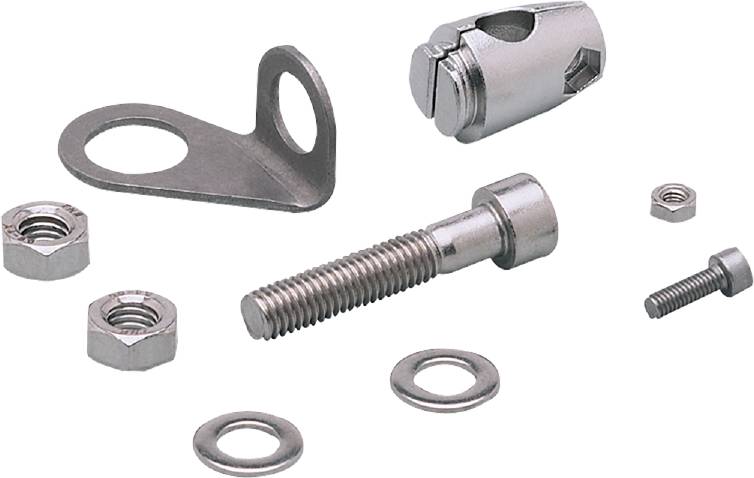 Verschillende metalen bevestigingselementen, waaronder schroeven, moeren en ringen, op een witte achtergrond.