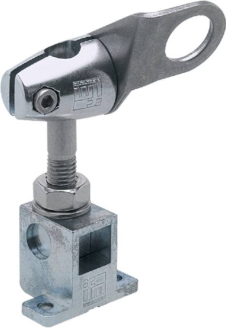 Een metalen spanbeugel bevestigd aan een hoekstuk. Geschikt voor machinebouw of montage-werkzaamheden.