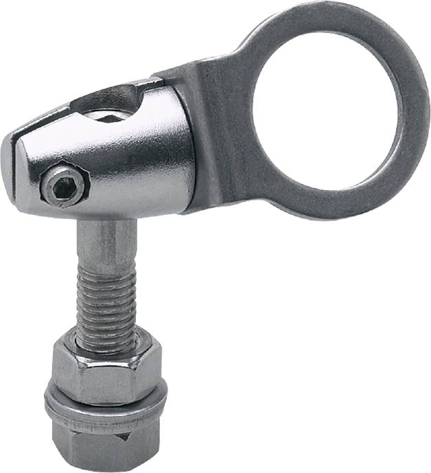 Een metalen spanschroefmechanisme met ringoog, bedoeld voor gebruik bij fietsversnellingen of vergelijkbare toepassingen.