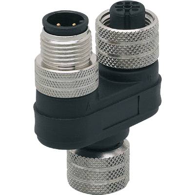 Een haakse metalen adapter die twee slangen verbindt, met een geribbelde greep voor een stevige grip en een zwarte kunststof behuizing.