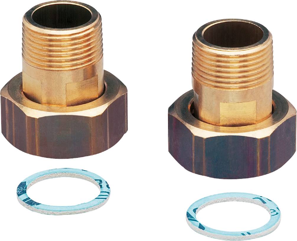 Twee messing aansluitingen met afdichtingsringen. De aansluitingen zijn cilindrisch met buitendraad, geschikt voor pijpleidingverbindingen.
