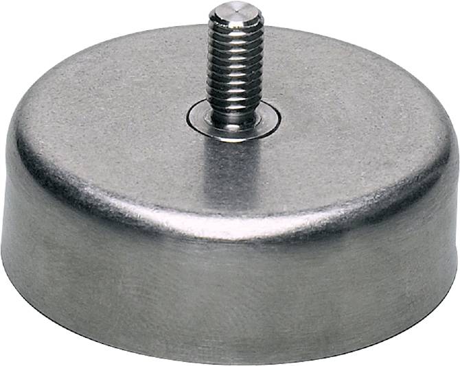 Ronde metalen magneet met schroefdraadpen bovenaan.