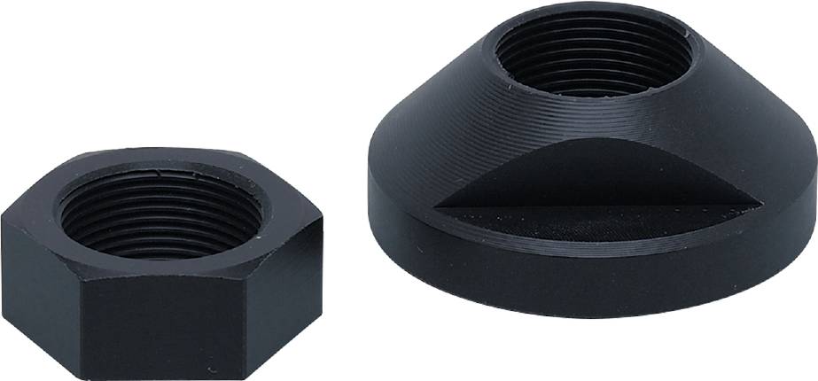 'Twee zwarte metalen adapters, één kegelvormig en schuin afgesneden, de ander kleiner en zeshoekig, in elkaar te schroeven.'
