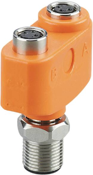 Een oranje afsluiter met metalen componenten, vermoedelijk een afsluitventiel, op een witte achtergrond.