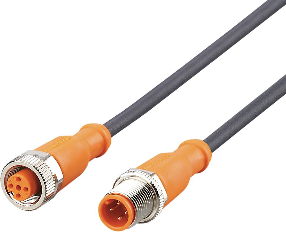 Twee oranje, cilindrische stekkers met schroefdraad van metaal. Ze zijn verbonden door een zwart kabel, typisch voor industriële toepassingen.