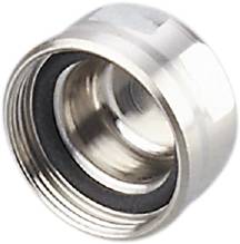 'Zilveren metalen moer met zwarte binnenring, cilindrische vorm, glanzend oppervlak, gebruikt voor buisverbindingen.'