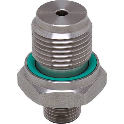 Een zilveren metalen stekker met een groene afdichtingsring vertoont een schroefdraad. De stekker is schoon en goed bewaard gebleven.