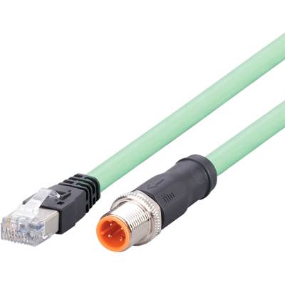 Groen Ethernet-kabel met RJ45-stekker links en M12-stekker rechts, toont verbindingsmogelijkheden in een industriële omgeving.