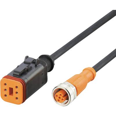 Zwart kabel met rechthoekige stekker en oranje ronde stekker. Geschikt voor elektrische verbindingen in technische apparaten.