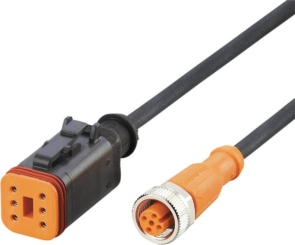 Een zwarte stekker met meerdere pinnen en een ronde oranje aansluiting zijn met elkaar verbonden door een kabel.