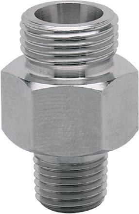 Metalen adapter of verbinder met schroefdraad en zeshoekige vorm, gebruikt in buizensystemen voor aansluitingen.