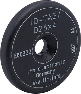 Elektronisch ID-label in schijfvorm met opschrift 'ID-TAG/D26x4', vervaardigd in Duitsland door ifm electronic, verwijzing 'www.ifm.info'.