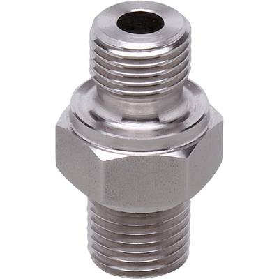 Een zilveren, metalen schroefverbinding met zeskantmoer en schroefdraadelement, geschikt voor buisverbindingen.