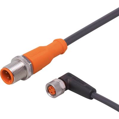 Kabelconnector met oranje middendeel, zilver metalen ontwerp en zwarte kabel, verbonden met een andere haakse stekker.