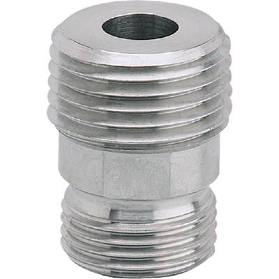 Metalen draadadapter op een witte achtergrond, met meerdere cirkelvormige groeven en een zeshoekig middendeel.