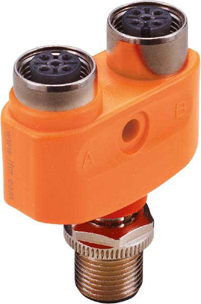 Een oranje T-connector met twee ronde aansluitbussen, gemarkeerd met "A" en "B", en een rond gat in het midden.