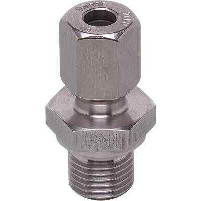 Een metalen zeskant onderdeel, vermoedelijk een steekverbinding of adapter, weergegeven op een neutrale achtergrond.