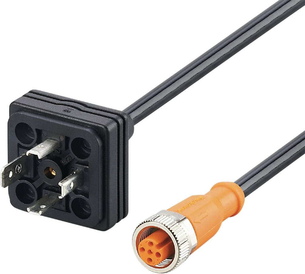 Zwarte vierkante aansluitstekker aan de linkerkant. Rechts een oranje ronde stekker met meerdere metalen pinnen, verbonden door een zwart kabel.