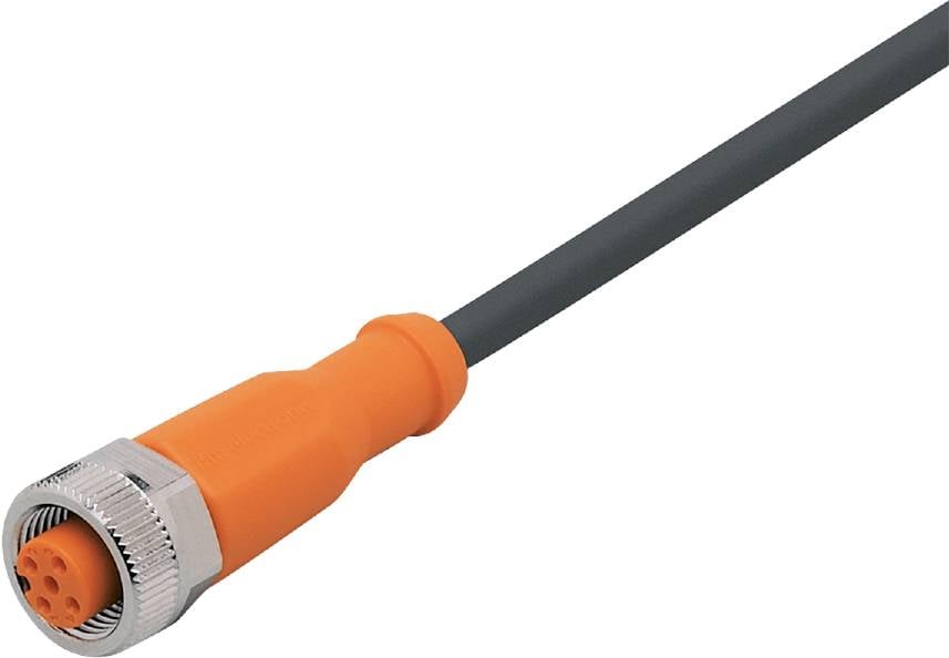 Een oranje elektrische sensor met een metalen punt en een zwart kabel wordt van opzij getoond.