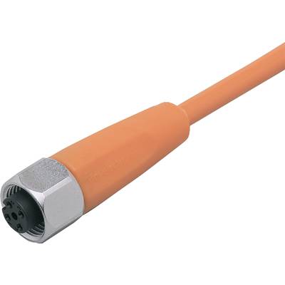 Een oranje kabel met een metalen aansluitstekker.