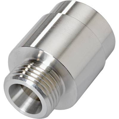 Een zilveren metalen onderdeel met schroefdraad, cilindrisch van vorm, mogelijk een adapter of verbindingselement.