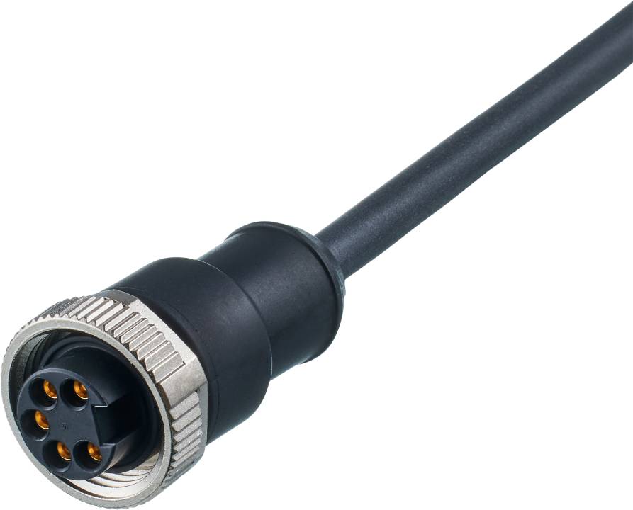 Een zwarte kabel met een ronde multistekker, geschikt voor technische aansluitingen. De stekker heeft vier pinnen en een gegroefde metalen manchet.